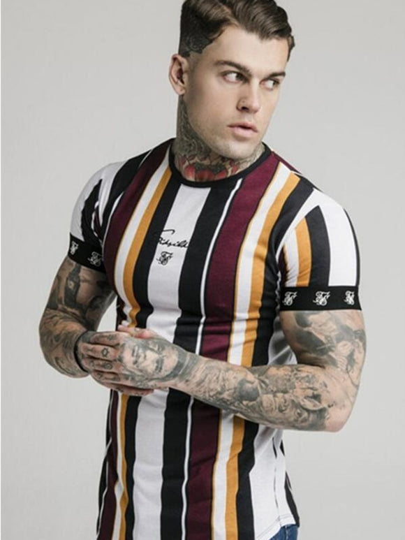 2019 Men's Sik Silk Print T-Shirt Summer New Men's Fashion Stripes Casual Short Sleeve T-Shirt Polyester Quick Dry