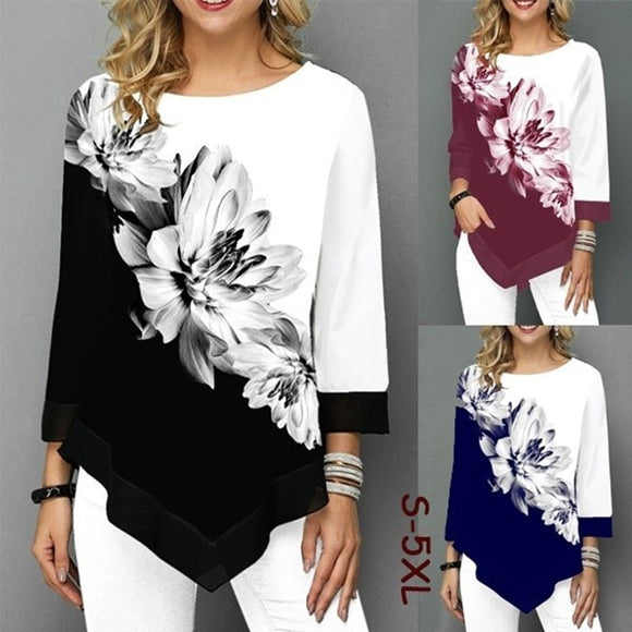 Irregular Flower Print Long Sleeve Tshirt Women O-Neck Fashion Clothes Female Tee Shirts Casual S-5XL